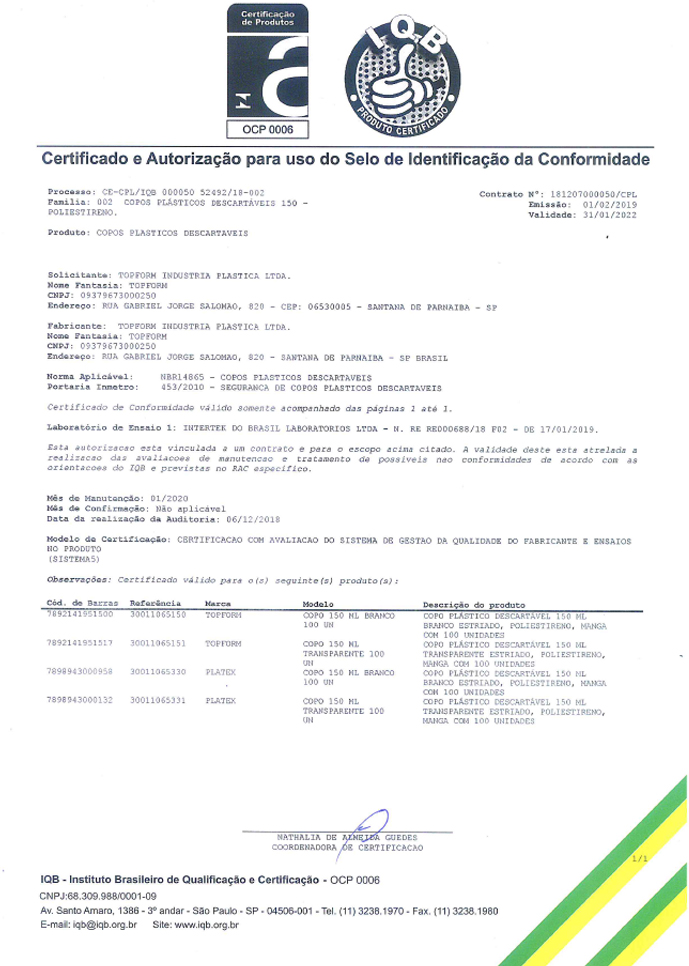 Platex Processos Pláticos - Certificação INMETRO, CE-CPL/IQB 000050  52492/18-002